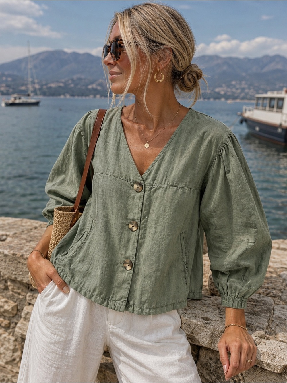 Zara Sage Green Linen Blend Utility Jacket Balloon Sleeve Small Coastal Luxury